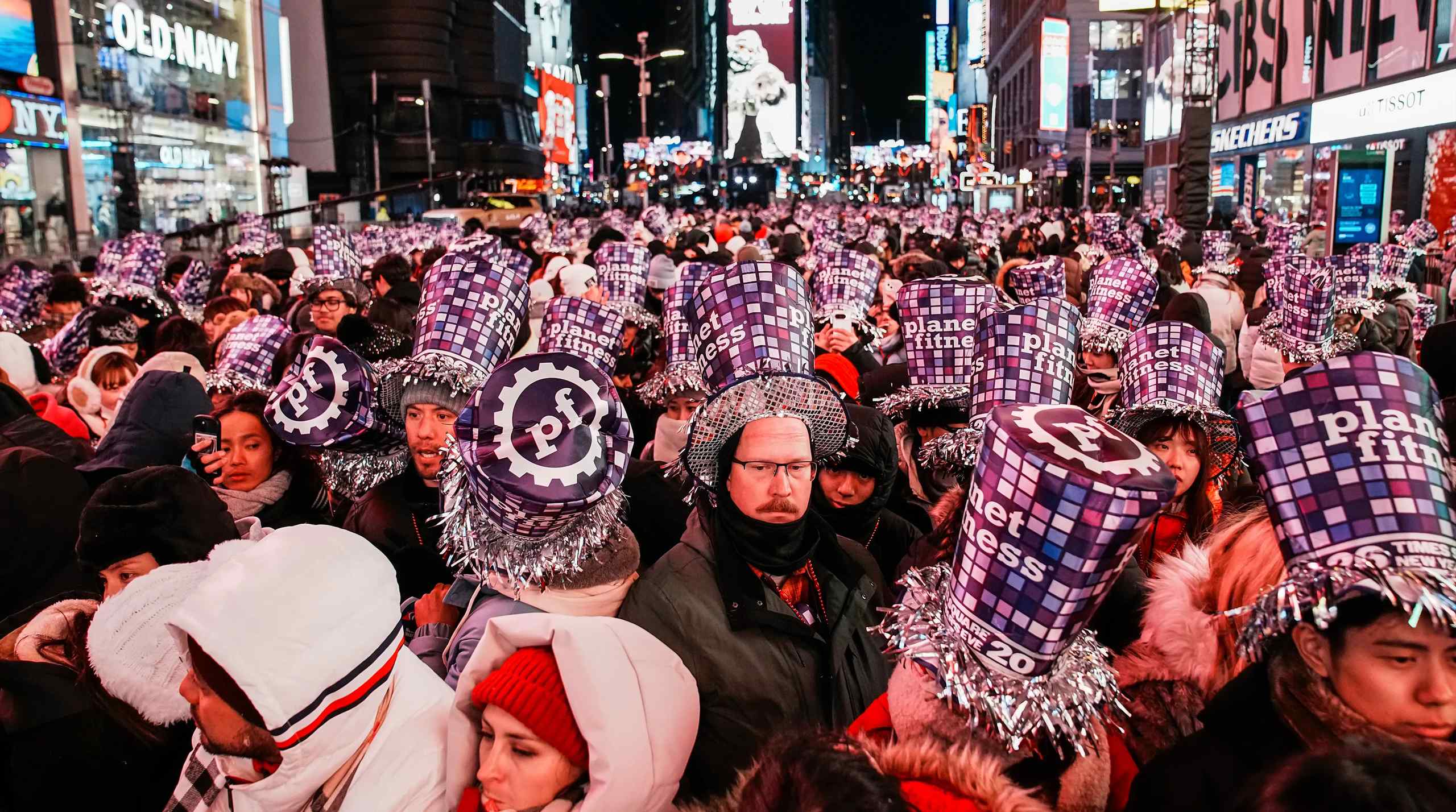 A group of people gathered for New Years Eve in Times Square.